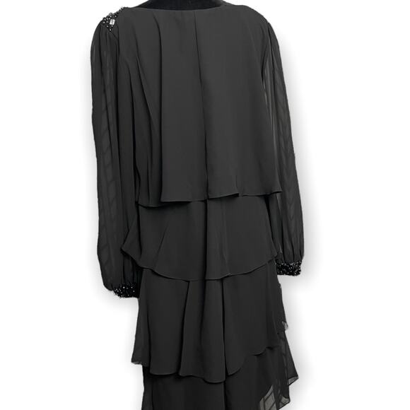 SLNY Long Sleeve Layered Ruffle Knee Length Dress Women's 10 Black Beaded NEW - Picture 3 of 8